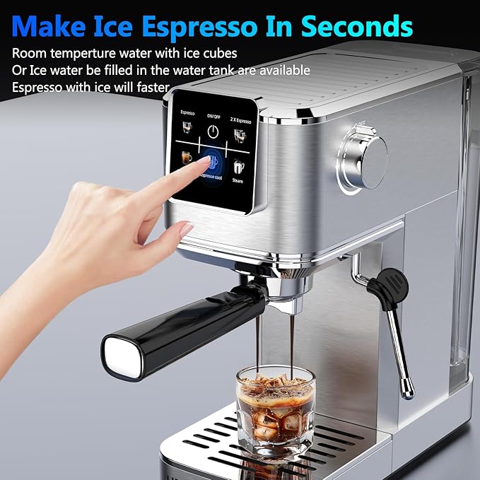 Espresso Machine 20 BarTouch Screen Espresso Maker with Steam Milk FrotherStainless Steel Coffee Machine for Cappuccino Latte Americano Cold Brew1350W Fast Heat Up SystemSilver