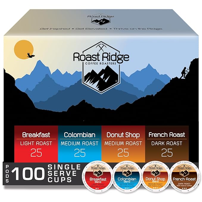 Roast Ridge Single Serve Coffee Pods for Keurig K-Cup Brewers Variety Pack Light Roast Medium Roast Dark Roast 100 Count (25 each: Breakfast Blend Donut Shop French Roast Colombian)