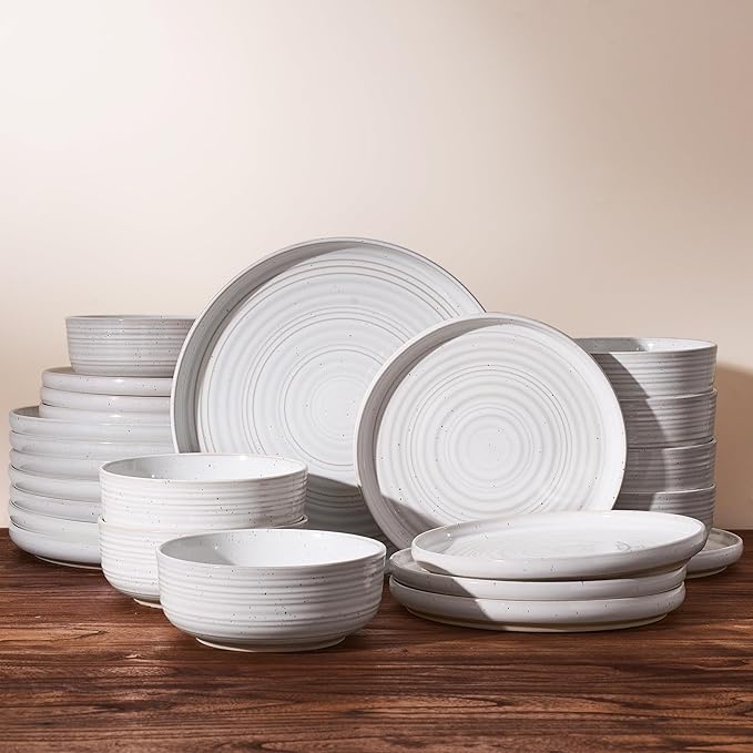 Stoneware Dinnerware Set Highly Chip and Scratch Resistant Everyday Plates and Bowls for 8 (24pcs) Reactive Glaze Speckled Ceramic Flared Dishes with Gift Box Microwave Dishwasher Safe White