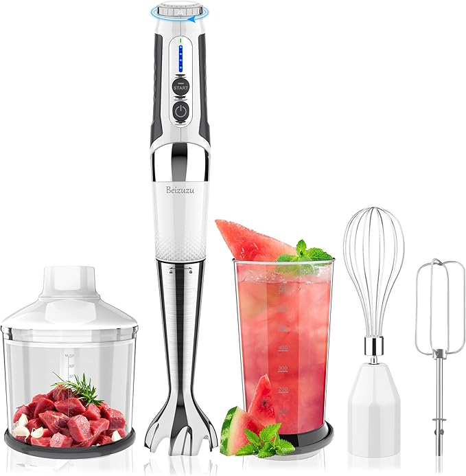 Cordless Immersion Blender: 4-in-1 Rechargeable Cordless Hand Blender 21-Speed &amp 3-Angle Adjustable with Chopper Beaker Whisk Beater for Milkshakes | Smoothies | Soup Baby Food (White)