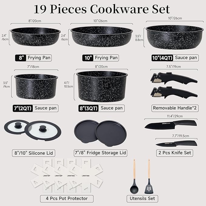 JEETEE Pots and Pans Set Non Stick 19pcs Kitchen Cookware Sets with Detachable Handle Induction Nonstick Cookware Set with Removable Handle Stackable RV Cookware Oven Safe PFOA Free Black