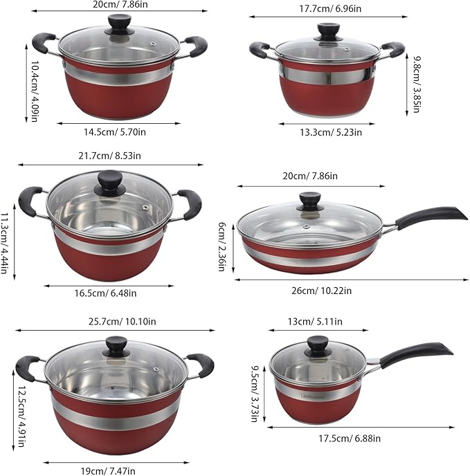PRETYZOOM 12pcs Stainless Steel Cookware Set with Glass Lids - Induction Kitchen Pots And Pans - Including Fry Pans Saucepans Dutch Oven - Kitchen Essential Cooking Kit
