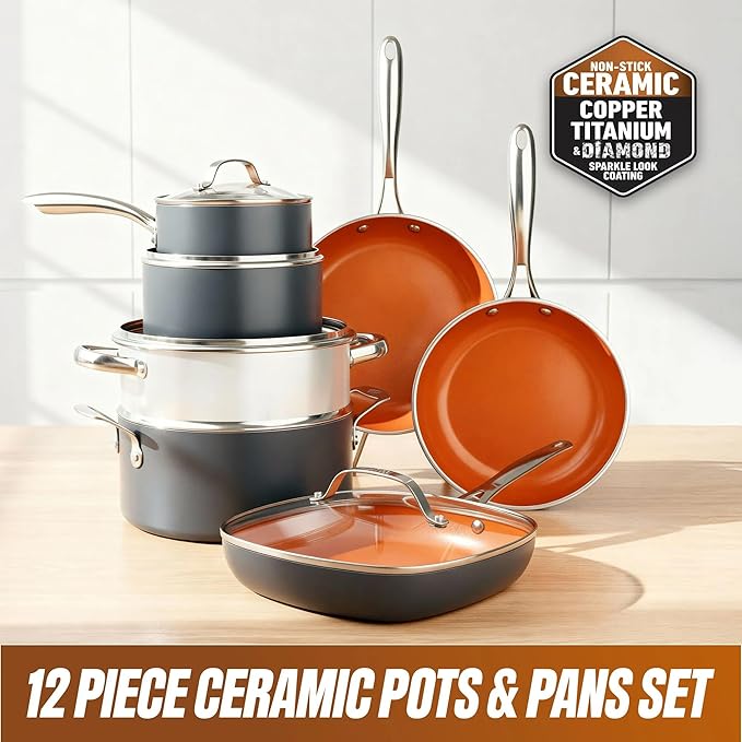 12-Piece Nonstick Ceramic Cookware Set – Pots &amp Pans Kitchen Set with Lids Oven-Safe All Cooktop Compatible Includes Frying Skillet Saucepan &amp Stockpot