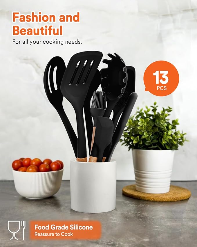 Kitchen Utensils Set 13PCS Silicone Cooking Utensils Heat Resistant Kitchen Utensil Spatula Set for Nonstick Cookware Wooden Handles Kitchen Gadgets Tools Set