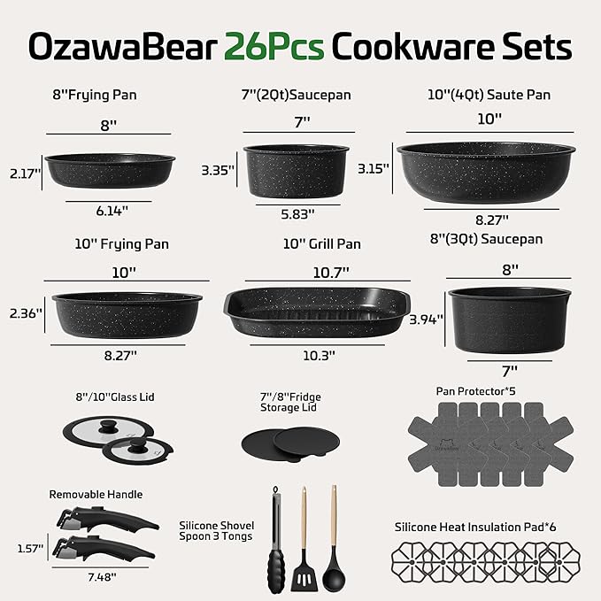 26 Pcs Pots and Pans Set Non Stick Ceramic Cookware Set Non Toxic with Detachable Handles Healthy Induction Cookware Oven Safe RV Kitchen Set PFAS PFOA &amp PTFE Free Black