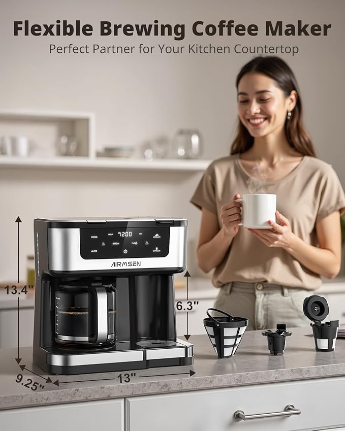 AIRMSEN 12-Cup Programmable Dual Coffee Maker – Single Serve Machine for K-Cup Pods &amp Ground 1000W Fast Brew Delay Start 2H Keep Warm Touchscreen 60oz Tank Glass Carafe – Home &amp Office