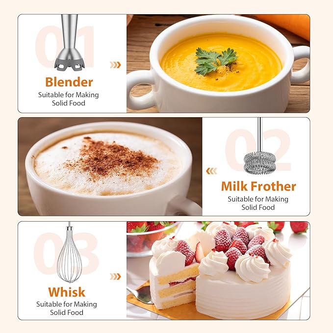 KOIOS Immersion Blender 1000W Anti-scratch 3-in-1 Hand Blender Upgraded 12 Speed Stainless Steel Blade Stick Blenders with Turbo Mode Whisk and Milk Frother Non-BPA