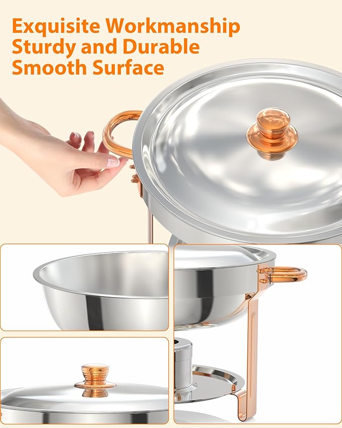 Superior 5QT Round Stainless Steel Chafing Dishes Buffet Set – Glass Lids Spoon &amp Tweezers Food Warmer Server for Catering &amp Events Rose Gold – 6-Pack 6-Piece Set