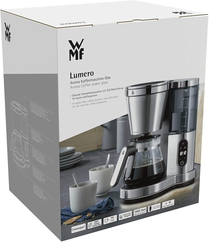 WMF Lumero Filter Coffee Machine Electric Coffee Pot with Glass Carafe Filter Coffee 10 Cups Timer Function Heating Plate Removable Water Tank Auto Shut-Off 1000W