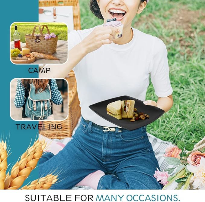 Teivio 48-piece Wheat Straw Square Dinnerware Set for 12 Unbreakable Dinner Plates Salad Plates Snack Bowls Tumblers 13.5 oz Dishwasher Safe Black