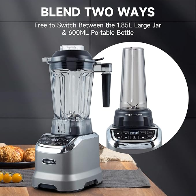 AMZCHEF Professional Blender for Smoothies4 Functions1800W Smoothie Blender63 Oz Pitcher/20-Oz To-go CupIce and Frozen FruitSelf-CleaningHigh SpeedGrey