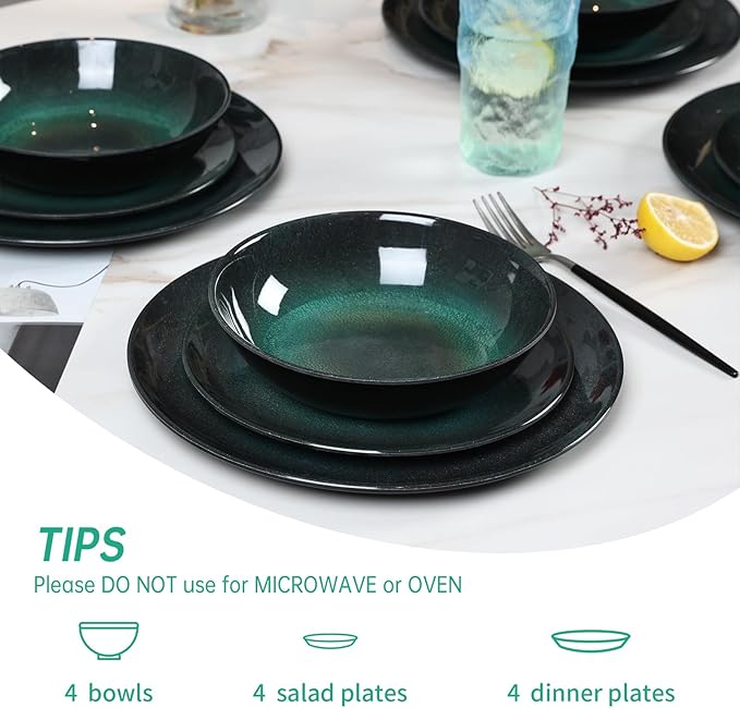 Melamine Dinnerware Set 12pcs Plates and Bowls Set Green Dinner Dishes Set for Indoor and Outdoor BPA-Free Dishwasher Safe（Green）