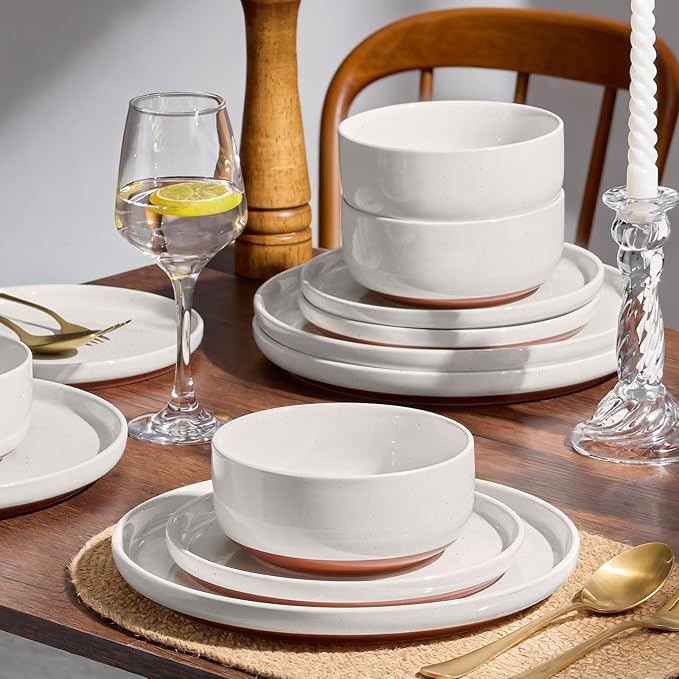 E-far 18-Piece Stoneware Dinnerware Sets Plates and Bowls Sets for 6 Ceramic Dishware Dishes Set with Terracotta Base Chip &amp Scratch Resistant Microwave &amp Dishwasher Safe Speckled White