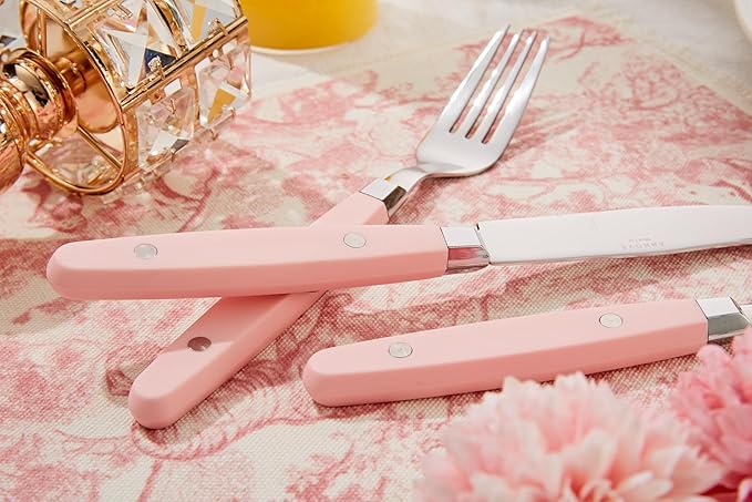 ANNOVA Silverware Set Retro/Rivet Colorful Stainless Steel Tableware Kitchen Flatware Set Utensils Includes Dinner Knives Forks Spoons Salad Forks &amp Dessert Spoons (Light Pink 20 Pieces)