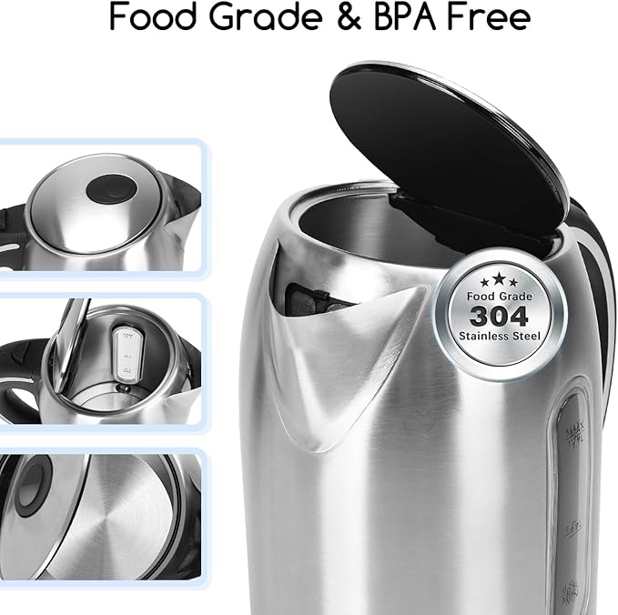 Aigostar Toaster 4 Slice 1.6 Wide Slot Stainless Steel Toasters with Bagel Reheat Cancel Defrost Function and Electric Kettle 1.7L Electric Tea Kettle with LED Illumination