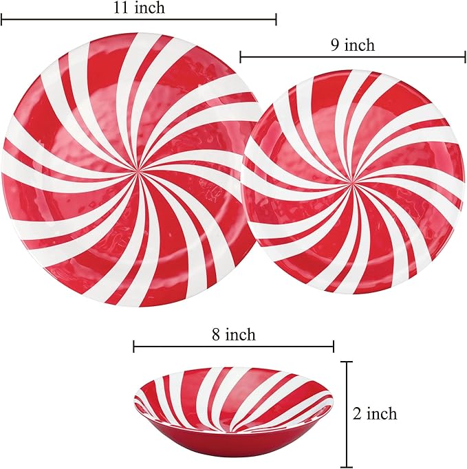 UPware 12 Piece Peppermint Melamine Dinnerware Sets Outdoor Dishes Set Plates and Bowls Sets Christmas Decorations Service for 4 Red