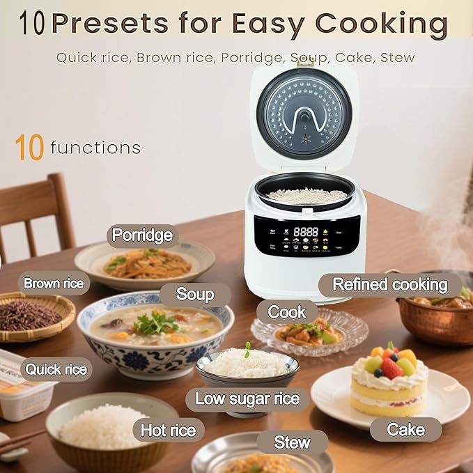 2L Mini Protable Rice Cooker6 Cups Cooked/3 Cups Uncooked400W Non-Stick Rice Maker24 hours Timer Delay10 FunctionsFast CookerWhite