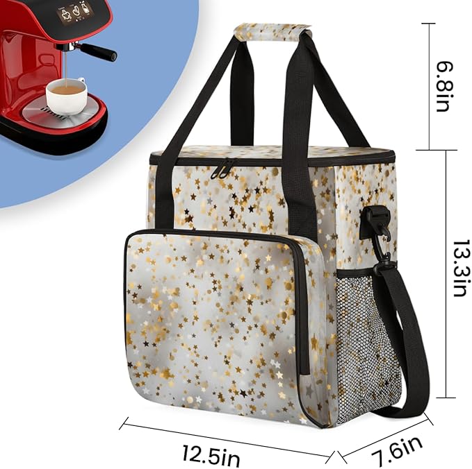 Glitter Coffee Maker Carrying Bag White Gold Portable Travel Storage Tote Bag Compatible with K-Mini or K-Mini Plus Single Serve Coffee Brewer Carrying Case with Multiple Pockets &amp Shoulder Stra
