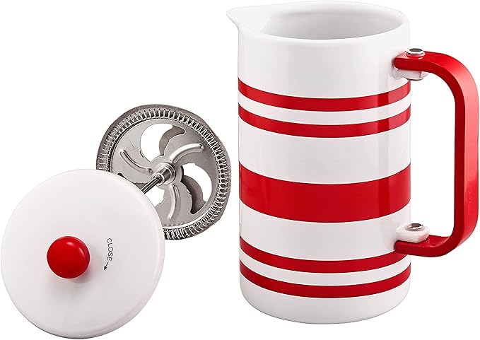 BonJour 47040 Hot Beverage Ceramic French Press Coffee Maker with Flavor Lock Filter and Bamboo Handle - 32 Ounce Red Stripes