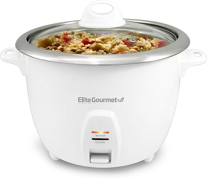 Elite Gourmet ERC-2010 Electric Rice Cooker with Stainless Steel Inner Pot Makes Soups Stews Grains Cereals Keep Warm Feature 10 Cooked (5 Cups Uncooked) White