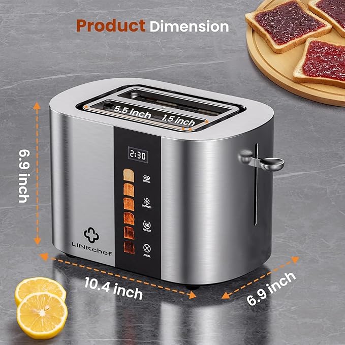 LINKChef 2 Slice Toaster Extra-Wide 1.5 Slots Touch Screen Control | Stainless Steel Bagel/Defrost/Reheat Functions