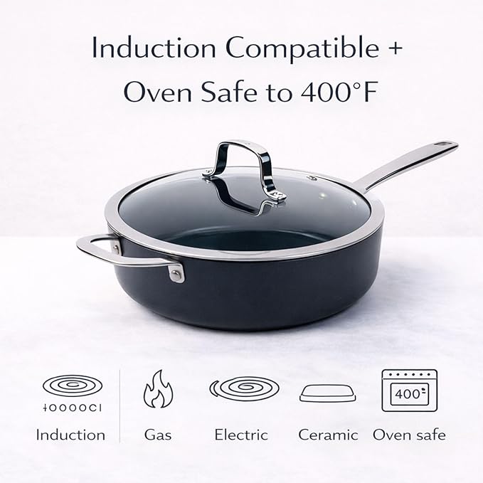 Alva Maestro 4QT Ceramic Nonstick Sauté Pan with Lid – Made With No PTFE PFOA PFAS Oven &amp Induction Safe to 400°F – Easy Clean Deep Sauté Pan for Family Meals Braising &amp One-Pot Cooking