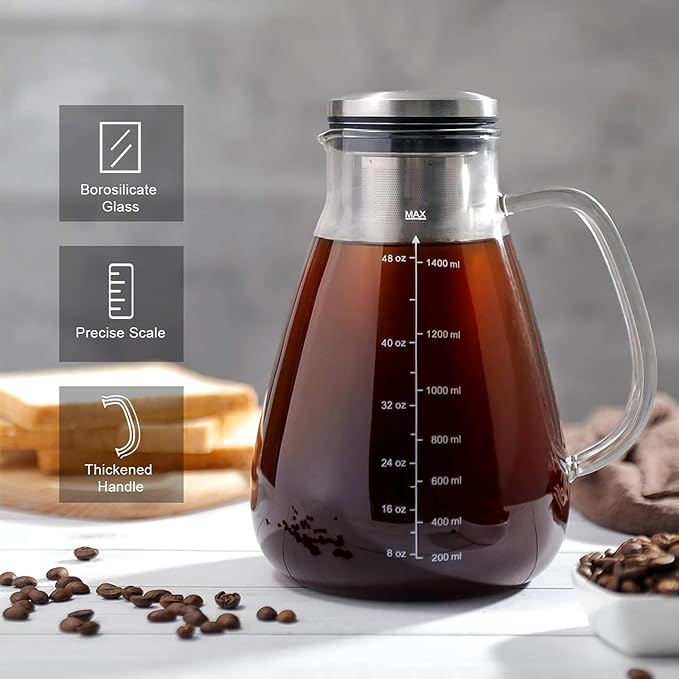 Cold Brew Iced Coffee Maker 51oz Brewed Coffee Pot with Removable Double Mesh 304 Stainless Steel Filter BPA-Free Cold Brew Pitcher Glass Container Tea Maker