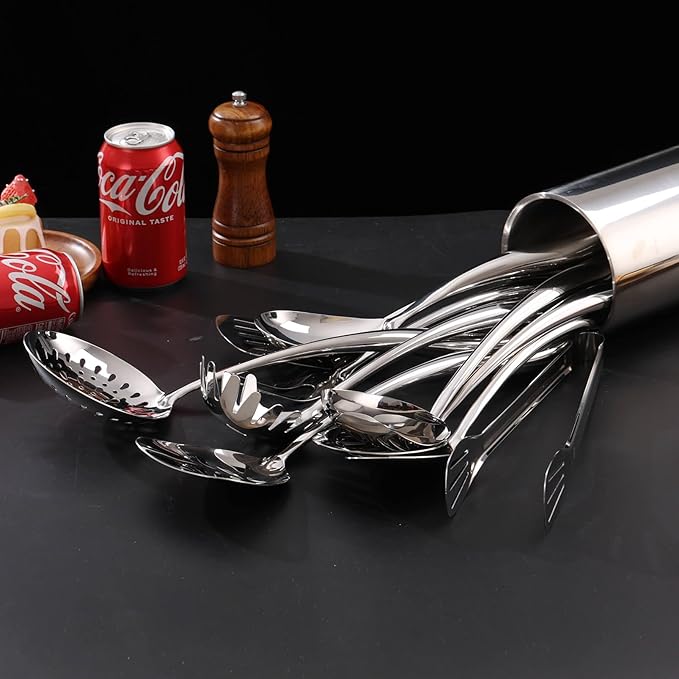 18/10 Stainless Steel Kitchen Utensils Set with Holder - 15″ Spatula Spoon Set with Storage Organizer for Countertop Fork Tongs Spatula Ladle Skimmer Turner Spaghetti Large Spoon Set of 12