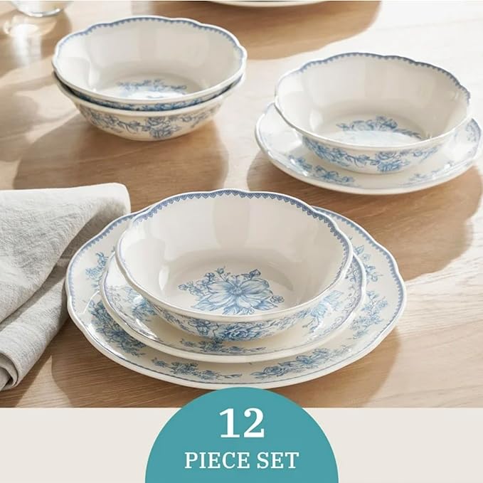 Vintage inspired Agatha Blue 12-Piece Stoneware Dinnerware Set