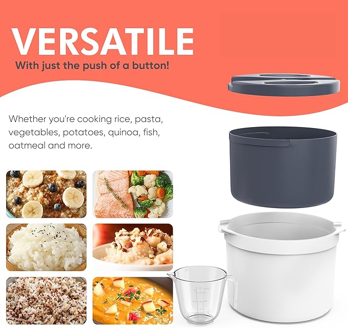 Microwave Rice Cooker Steamer and Pasta Cooker with Strainer - Mess-Free Design Dishwasher Safe Cooks Up to 8 Cups