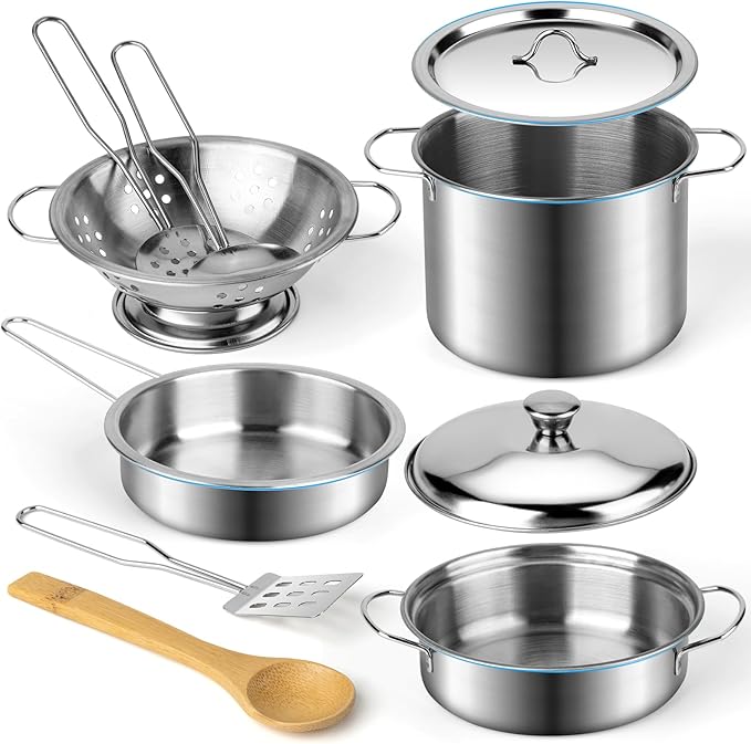 Juboury Kitchen Pretend Play Toys with Stainless Steel Cookware Pots and Pans Set Cooking Utensils Apron &amp Chef Hat Cutting Vegetables for Kids Girls Boys Toddlers