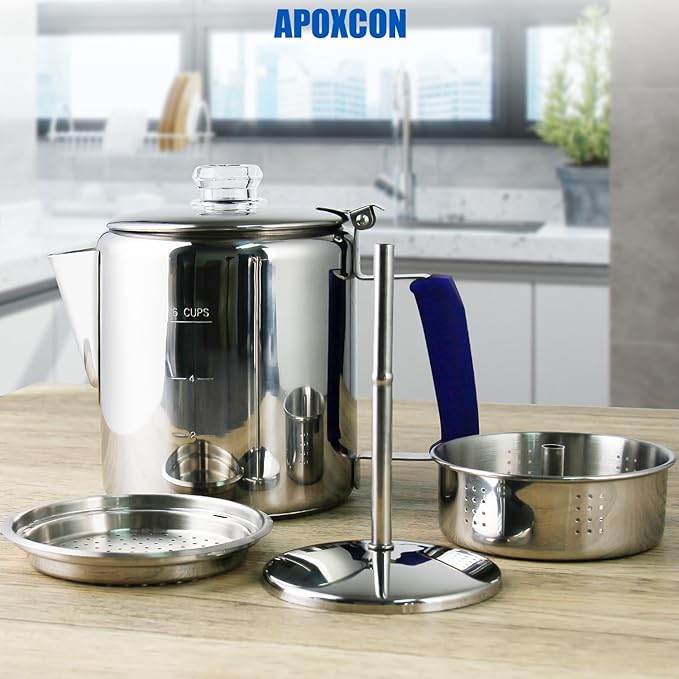 Multi Use Percolator Coffee Pot Stainless Steel Stove Top Coffee Maker with Two Tough Borosilicate Glass Knob Silica Handle Camping Coffee Pot Using on Campfire Stove &amp Induction Cooker Silver 6 C