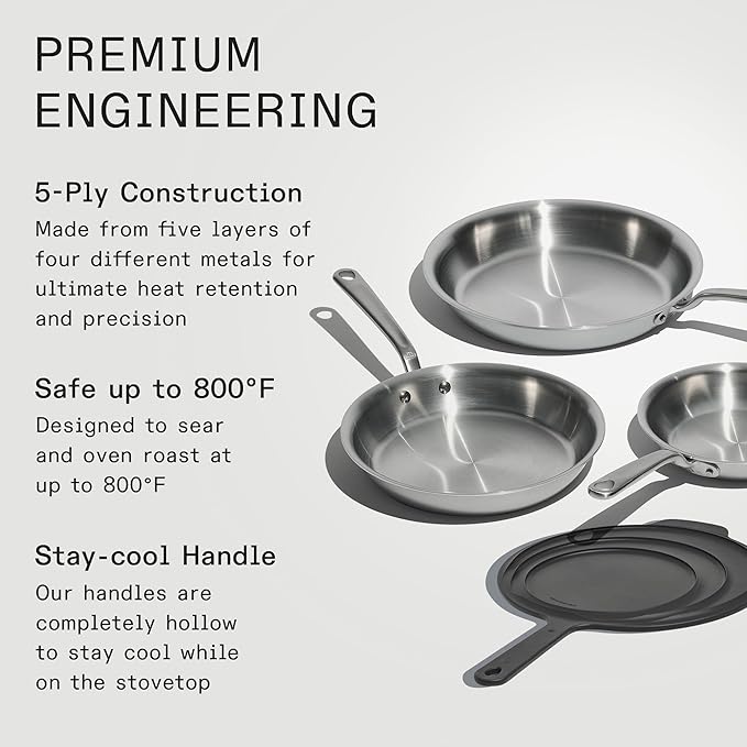 Made In Cookware | 3-Piece Stainless Clad Frying Pan Set with Universal Silicone Lid | 5 Ply Stainless Clad | Professional Cookware | Crafted in Italy | Induction Compatible