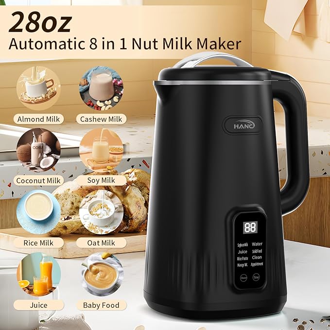 Nut Milk Maker Machine 28oz 8-in-1 Automatic Silent Soy Milk Maker for Homemade Almond Oat Coconut &amp Plant-Based Drinks with Delay Start/Keep Warm/Self-Cleaning/Boil Water (Black)