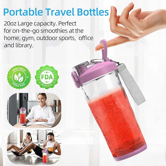DENOKIN Portable Blender 20oz Vessel Cordless Personal Size Blend with 6 Blade and a Travel Lid (Purpleish Pink)