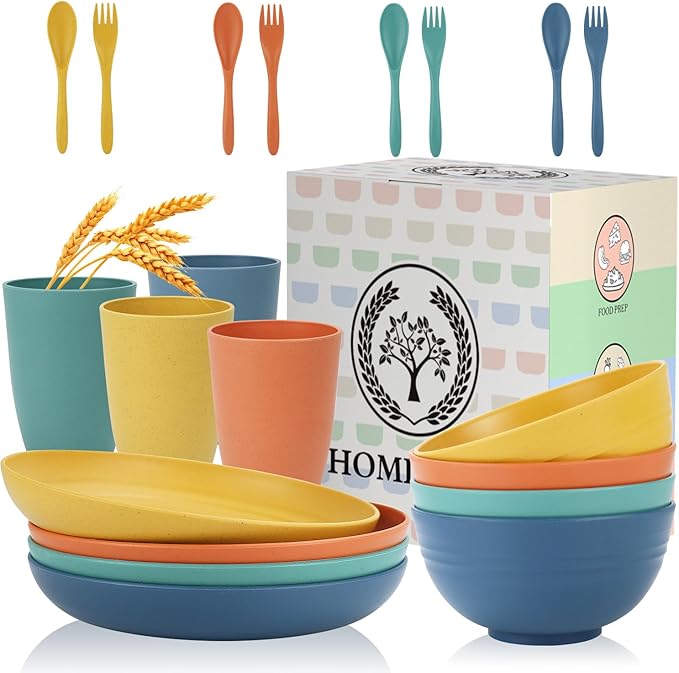 Homienly 52 PCS Premium Wheat Straw Dinnerware Sets Reusable Plates and Bowls Sets for Kitchen Lightweight and Unbreakable Dishwasher and Microwave Safe Dishes Set - Colorful