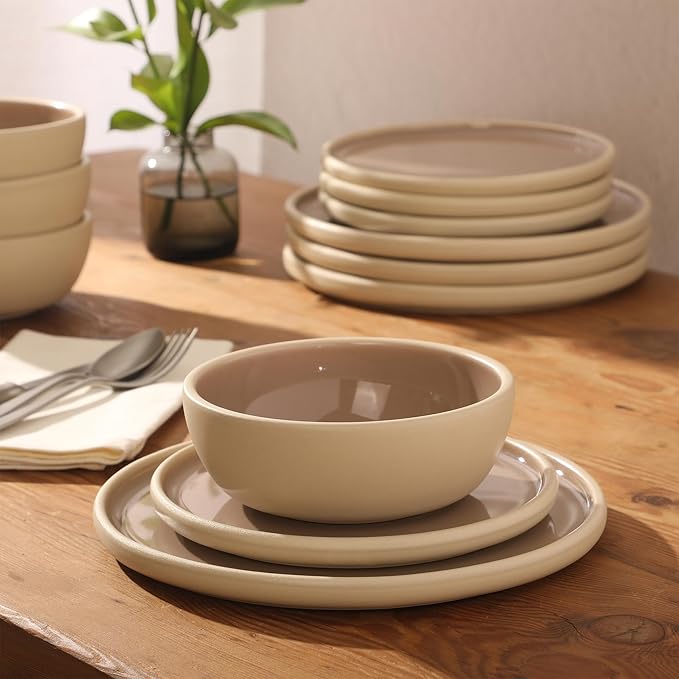 Gibson Elite - Made in Portugal - Port Gaia 12 Piece (Service for 4) Plates and Bowls Reactive Glaze Dishes Stoneware Ceramic Dinnerware Set - Taupe