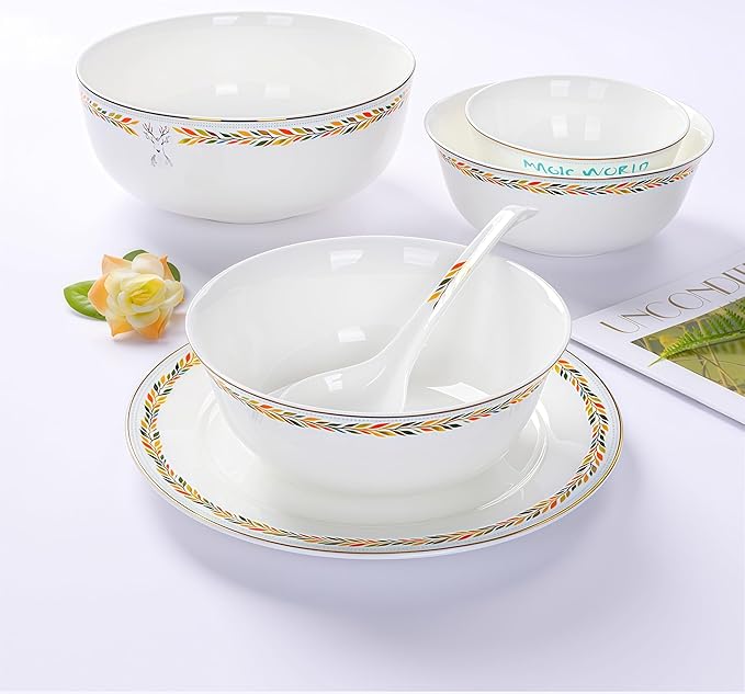 36 Pcs Fine Bone China Dinnerware Set Porcelain &amp Ceramic Dinnerware Sets Bone Stoneware &amp Ceramic Cookware Tableware Set Includes Dinner Plates|Spoons|Pasta Bowls|Soup Pot|Chopsticks