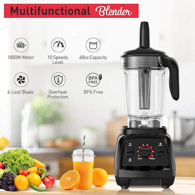 Smoothie Blender 1800W Countertop Professional Blender Juicer for Kitchen Ice Crusher or Juice Milkshake Dessert