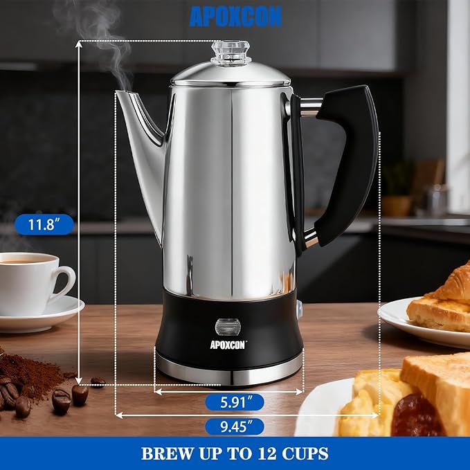 Electric Coffee Percolator Stainless Steel Coffee Maker with Tough Glass Knob Classic Coffee Pot with On/OFF Switch Keep Warm &amp Cordless Serve No Aluminum (12 Cup)