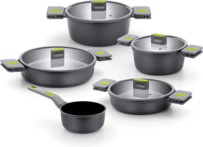 BRA LIFE – 9 Pieces of Cast Aluminium 100% Recycled Non-Stick Reinforced Ceramic without PFOA without PTFE Suitable for All Types of Cookers and Induction