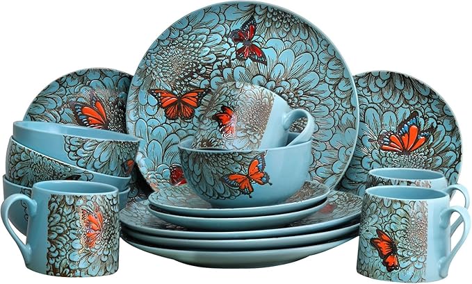 Butterfly Garden 16-Piece Stoneware Dinnerware Set – Elegant Blue &amp Gold Design Microwave &amp Dishwasher Safe