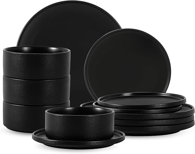 12 Piece Dinnerware Set Modern Minimalist Stoneware Plates and Bowls Sets Modern Dinner Plate Salad Plate Cereal Bowl Dish Set for 4 Microwave and Dishwasher Safe Matte Black