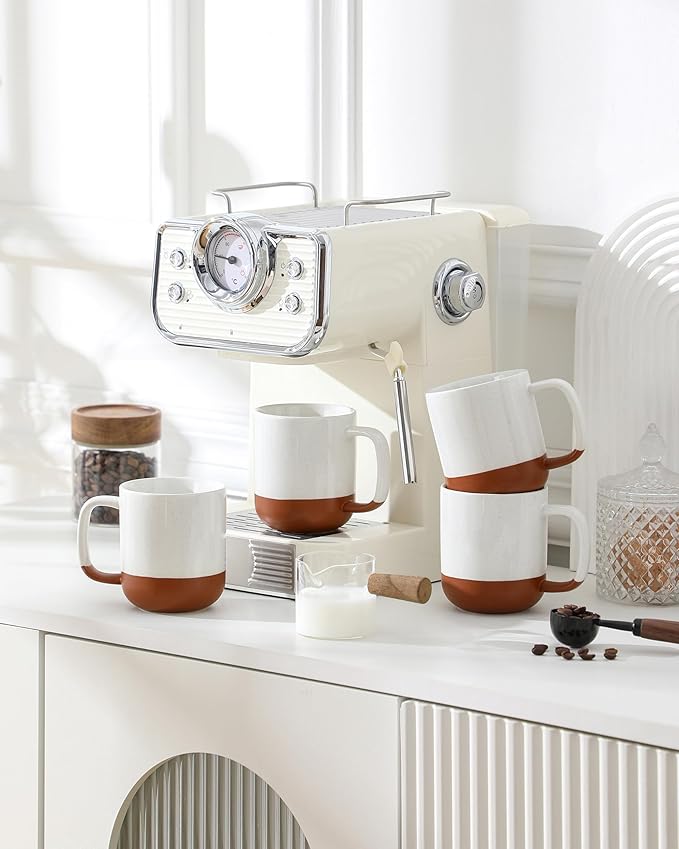 MALACASA Ceramic Coffee Mugs Set of 4 11oz Coffee Cups Modern Farmhouse Mugs for Coffee Latte Tea Hot Chocolate Cappuccino Milk Microwave &amp Dishwasher Safe Khaki White Series TARA