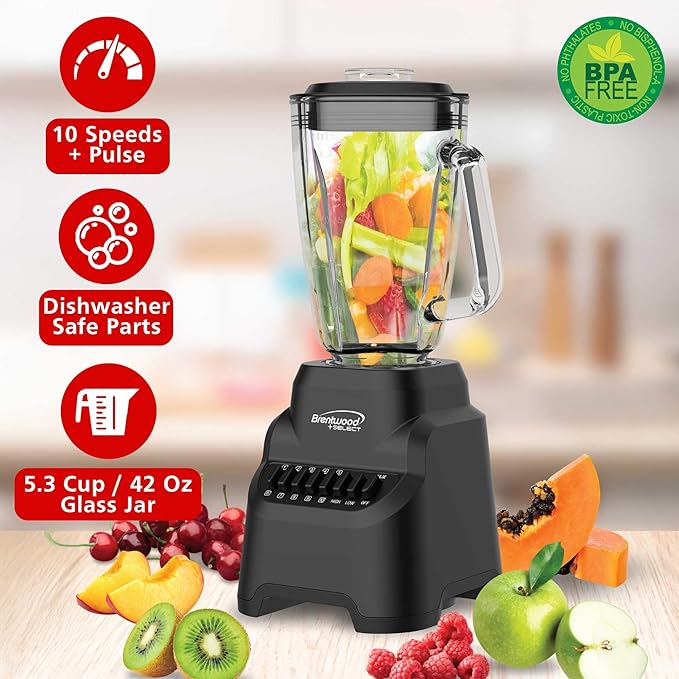 Brentwood Select JB-500BK 10-Speed Countertop Blender with Pulse Button 5.3-Cup Glass Jar Stainless Steel Blades Non-Slip Base Dishwasher-Safe Parts Black