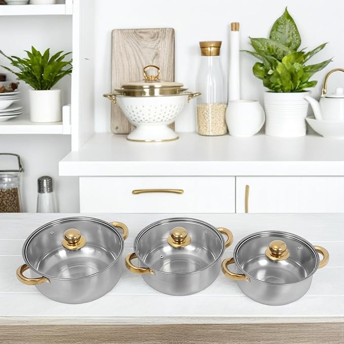 VANZACK Stainless Steel Cookware Set with Nonstick Frying Pan and Gold Handles Even Heat Distribution Pots and Saucepan for Induction Gas Electric Stoves Kitchen Essentials for Family