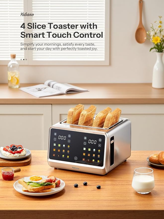 Yabano 4-Slice Toaster with Smart Touch Control 6 Shade Levels &amp 6 Bread Settings Extra Wide Slot for Bagels/English Muffins Compact Design with Removable Crumb Tray
