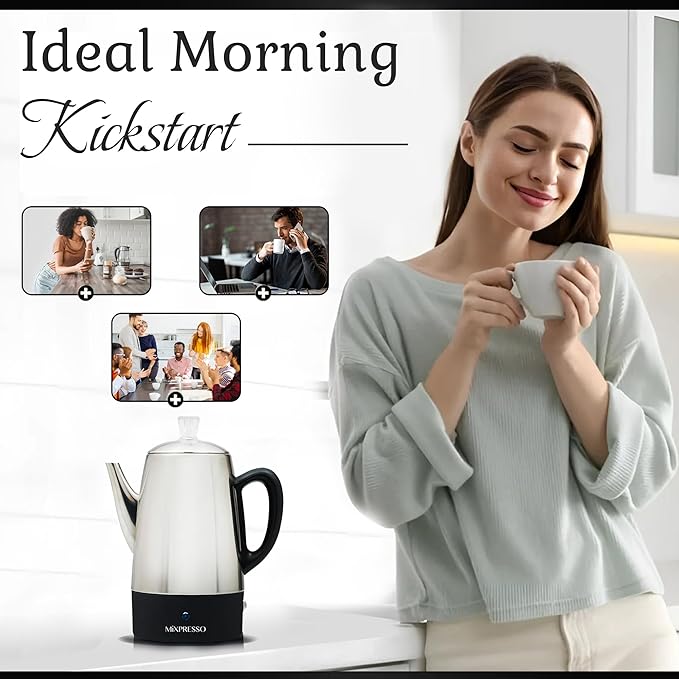 Mixpresso 10 Cup Percolator Coffee Pot Electric Stainless Steel Coffee Percolator Electric With Keep Warm Function Classic Perculator Pot With Removable Basket for Home or Office