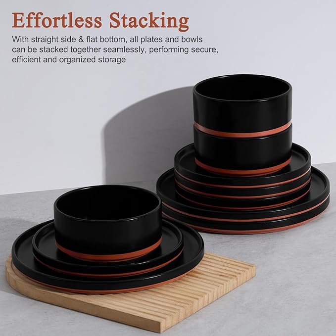 LIANYU Plates and Bowls Sets 18 Pieces Stoneware Dinnerware Set for 6 Modern Kitchen Dinner Set Ceramic Dishware Dishes Set Microwave and Dishwasher Safe Charcoal Black