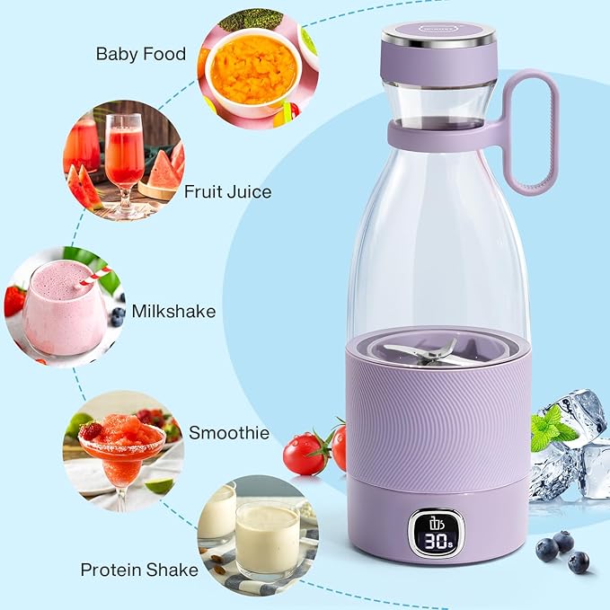 Portable Blender MIAOKE 6 Blades Juicer Cup for Juice Shakes and Smoothies 350ml Mini Blender with Led Display Usb Rechargeable3000Mah Rechargeable Battery for Home Sports Outdoors Travel-Purple